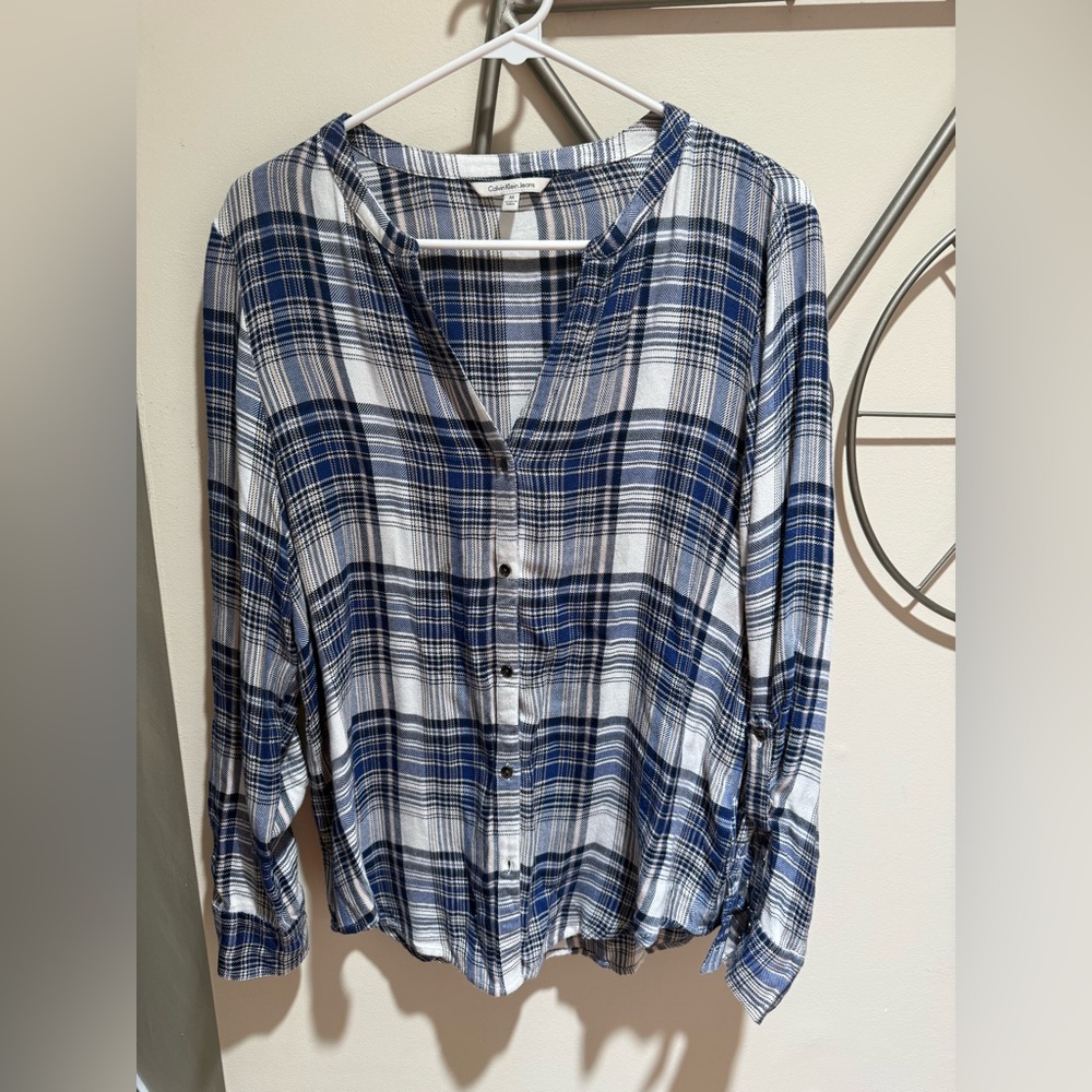 Calvin Klein Jeans Navy & White Plaid Button-Front Women's Shirt Size M